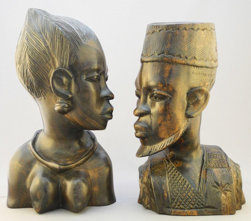 Pair of Nigerian Exotic Wood Portrait Busts, 13" & 11 (1 of 3)