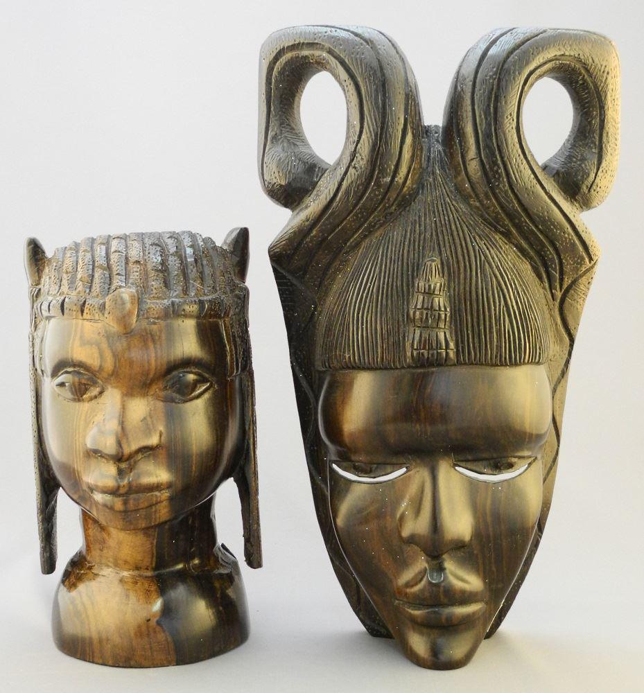 Nigerian Exotic Wood Head & Mask, 13 1/2" & 9".: Nigerian Exotic Wood Head & Mask, 13 1/2" & 9".