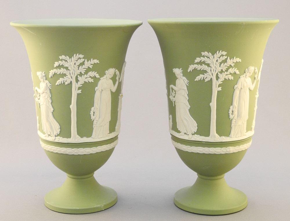 Pair of Wedgwood Pale Green Jasper Ware Vases, 7 1/2": Pair of Wedgwood Pale Green Jasper Ware Vases, 7 1/2" high.