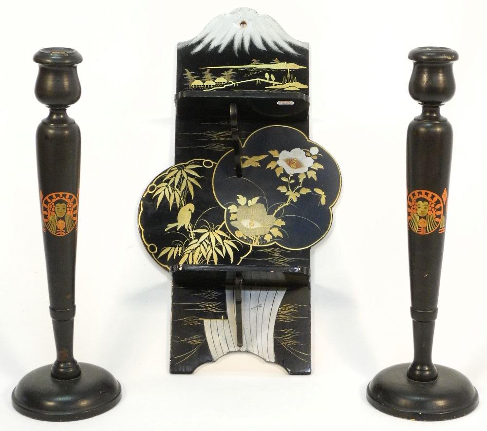 3 Japanese Lacquer Items: Pair of Candlesticks (16"h), (1 of 5)