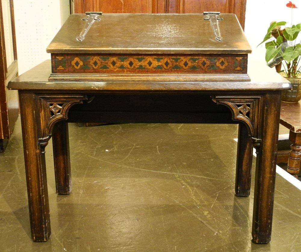 Dark Oak Slope Top Writing Table with Polychrome: Dark Oak Slope Top Writing Table with Polychrome Features, 39" wide.