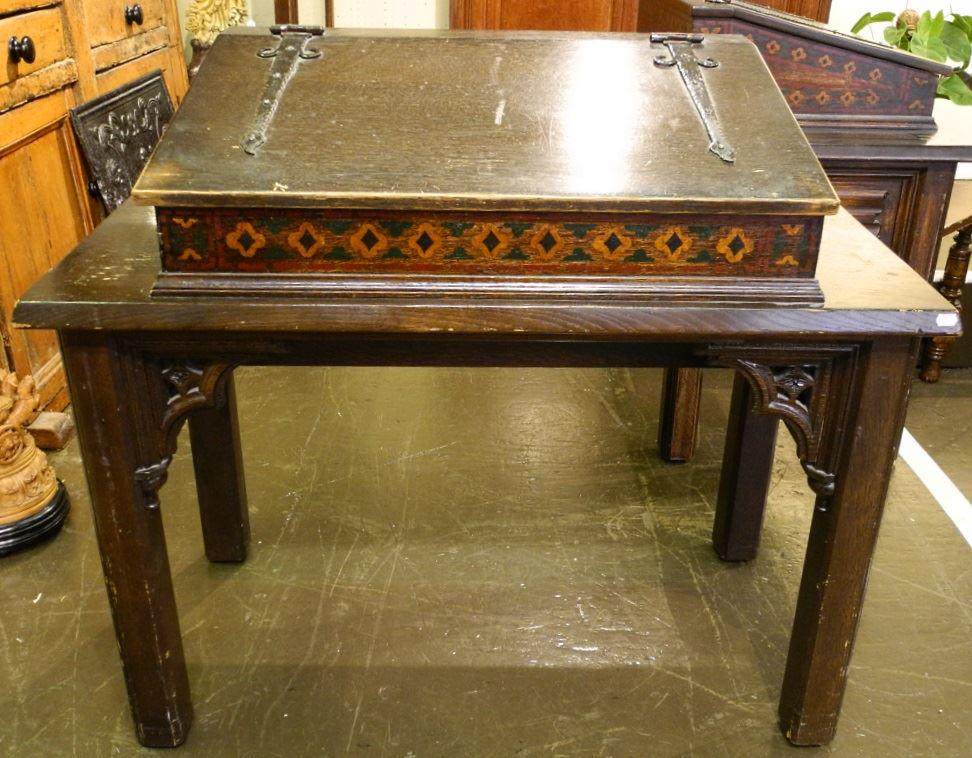 Dark Oak Slope Top Writing Table with Polychrome: Dark Oak Slope Top Writing Table with Polychrome Features, 39" wide.