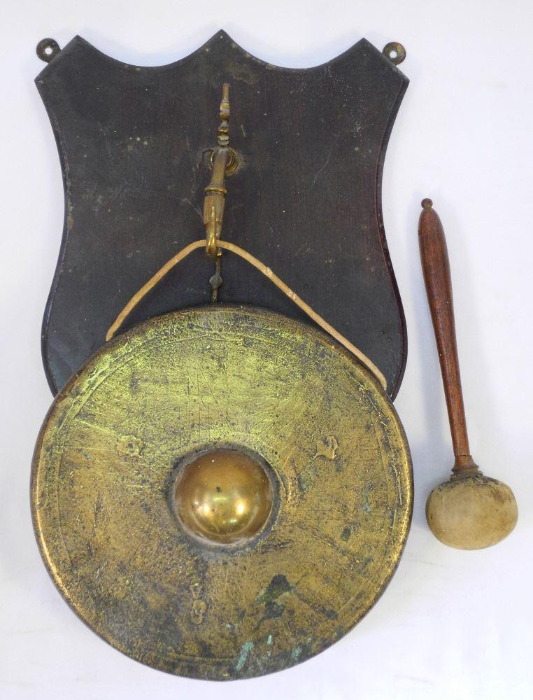 Brass Dinner Gong on Shield Shaped Plaque, 21"h. (1 of 1)