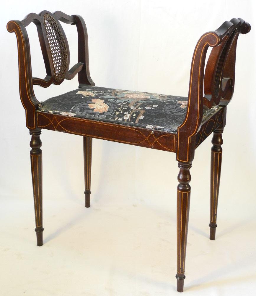 Edwardian Inlaid Mahogany Window Seat.: Edwardian Inlaid Mahogany Window Seat.