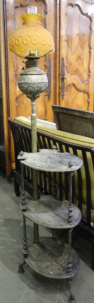 Victorian Cast Metal Etagere with integral Coal Oil: Victorian Cast Metal Etagere with integral Coal Oil Lamp, (marked Miller), 52"h.