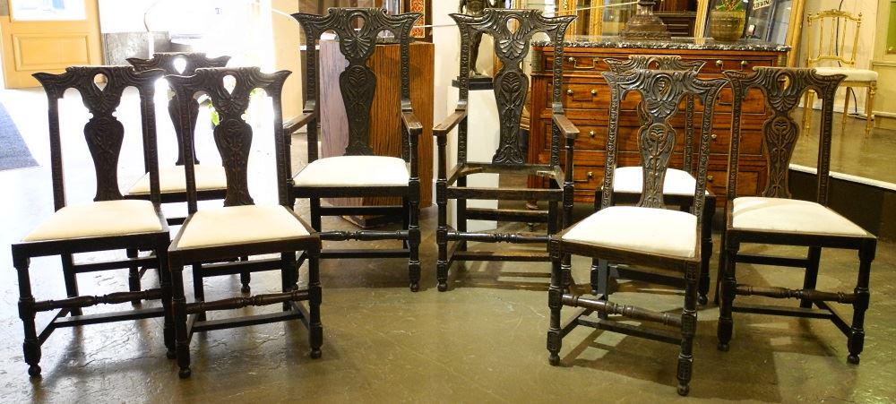 Set of 8 High Back Oak Dining Chairs with Trestle Base. (1 of 10)