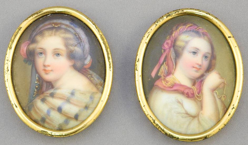 Two miniature portraits "Playing Organ" & "Girl with: Two miniature portraits "Playing Organ" & "Girl with Leaf", largest 3 1/4".