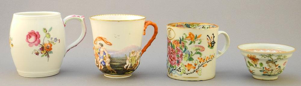 4 Antique Cups: Chinese Wine, KPM, Capo Di Monte, Rose: 4 Antique Cups: Chinese Wine, KPM, Capo Di Monte, Rose Canton, chip.