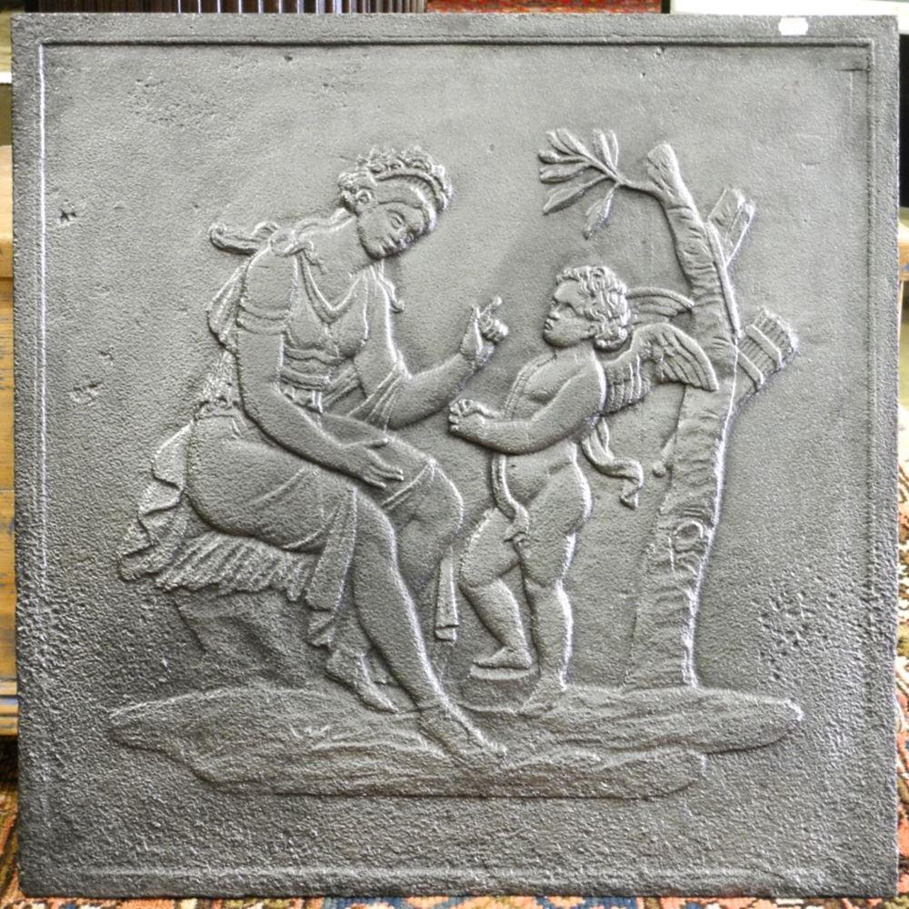 Antique Cast Iron Fire Back , Chastised Putti Design, (1 of 2)