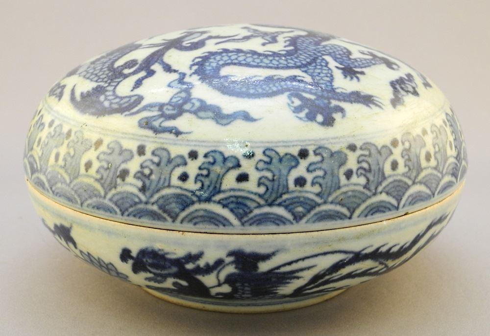 Chinese Blue & White Porcelain Hongzhi style Round Box, (1 of 5)