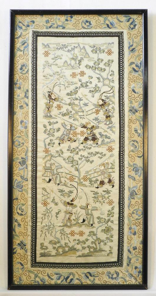 Chinese Silk Sleeve Panels, Framed, 23 3/4" x 11 1/4". (1 of 8)