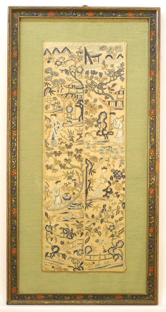 Chinese Silk Sleeve Panels, Framed, 20" x 7 1/4". (1 of 10)