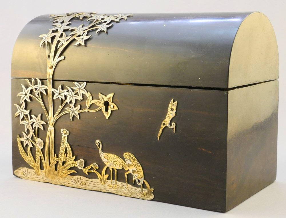 Antique Coromandel Wood Tea Caddy with Metal Engraving (1 of 11)