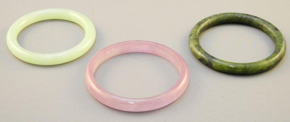 3 Hardstone Bangles: Lavender, Pear, Spinach, 3 1/8" x: 3 Hardstone Bangles: Lavender, Pear, Spinach, 3 1/8" x 3 1/3" diameter.