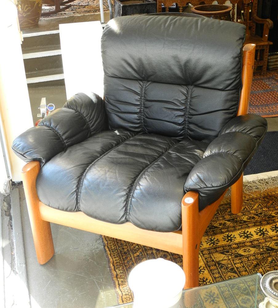 Teak Framed Armchair with Black Leather Upholstery.: Teak Framed Armchair with Black Leather Upholstery.