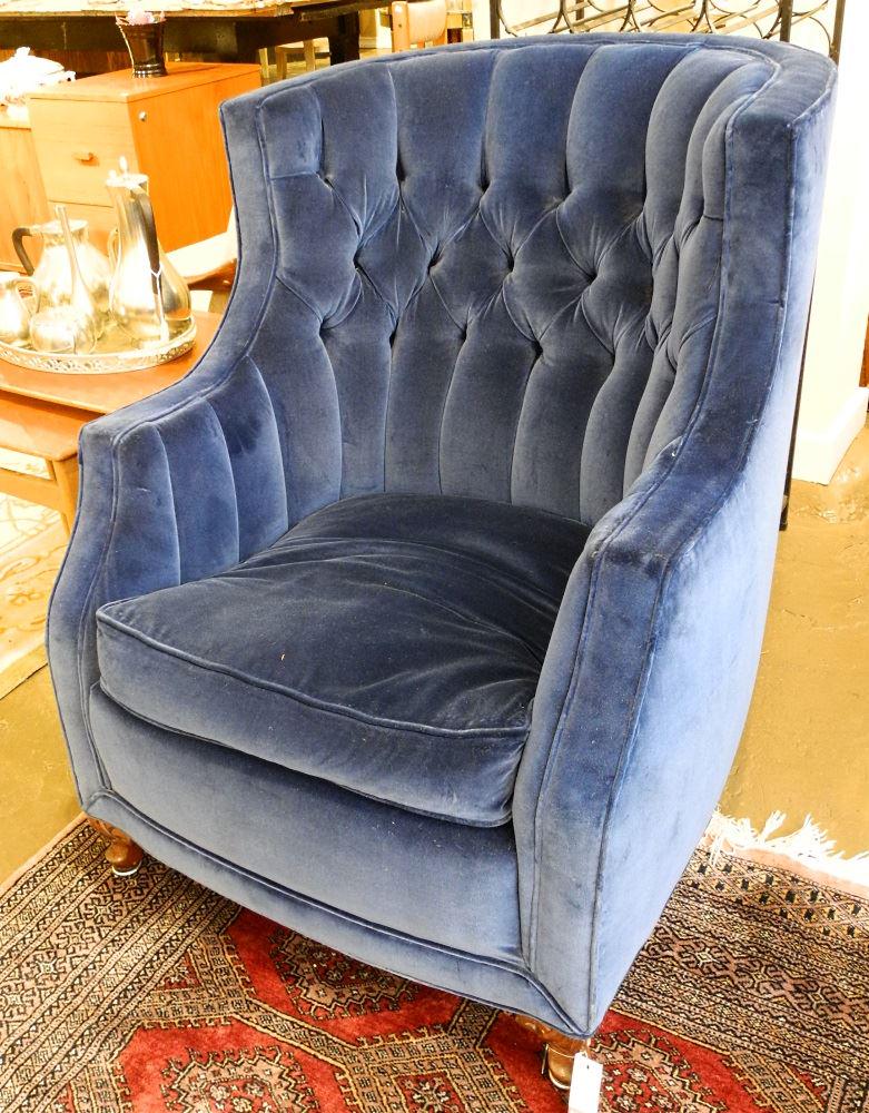 Blue Velvet Curved Wing Back Armchair. (1 of 1)