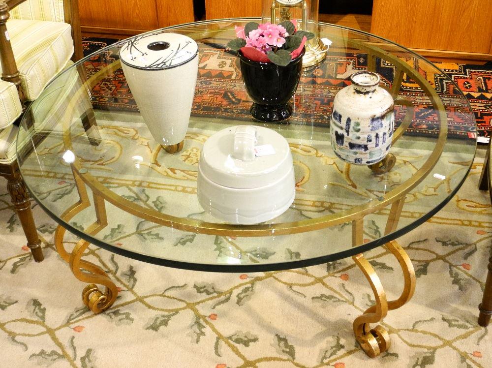 Gold Tone Glass Top Metal Work Occasional Table. (1 of 1)