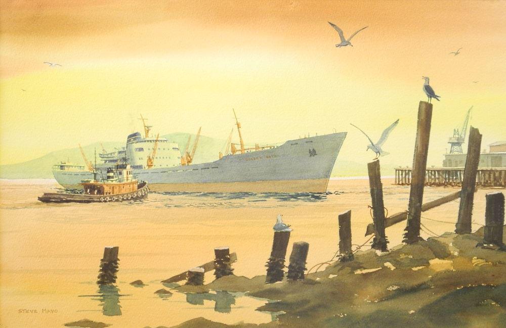 Watercolour signed Steve Mayo, 14" x 21 1/4", "Golden: Watercolour signed Steve Mayo, 14" x 21 1/4", "Golden Gate in Harbour".