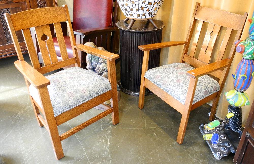 Near Pair of Arts & Crafts Oak Open Armchairs. (1 of 6)