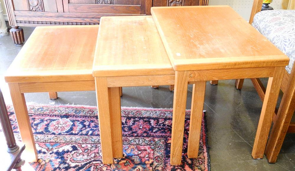 Trio of Vejle Stole Danish Modern Teak Nesting Tables,: Trio of Vejle Stole Danish Modern Teak Nesting Tables, 18" high, as found.