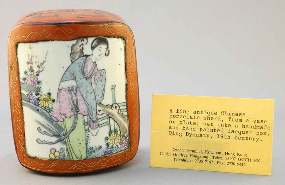 Lacquer Box Inset with Porcelain Shard, 4 1/4" wide.: Lacquer Box Inset with Porcelain Shard, 4 1/4" wide.