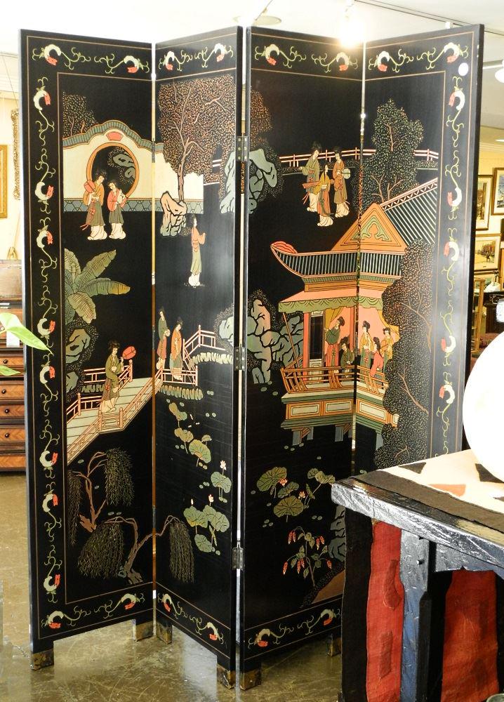 Chinese Black Lacquer 4 Panel Screen, each panel 72" x (1 of 4)