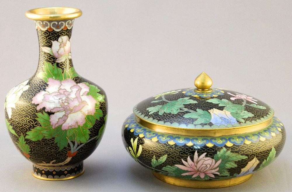 2 Piece Chinese Black Ground Cloisonne Vase 6" & Bowl (1 of 6)