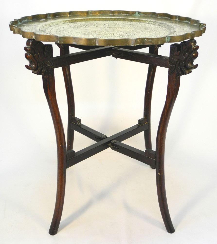 Chinese brass top table with folding base, 22". (1 of 3)