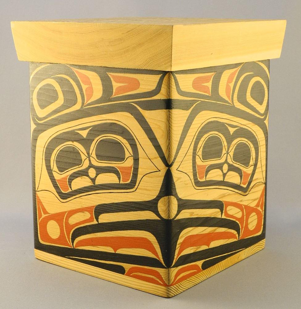 Gitanmaax Bentwood Style Owl Box, Unsigned, 9 1/4" x 7: Gitanmaax Bentwood Style Owl Box, Unsigned, 9 1/4" x 7 1/2" x 7 1/2".