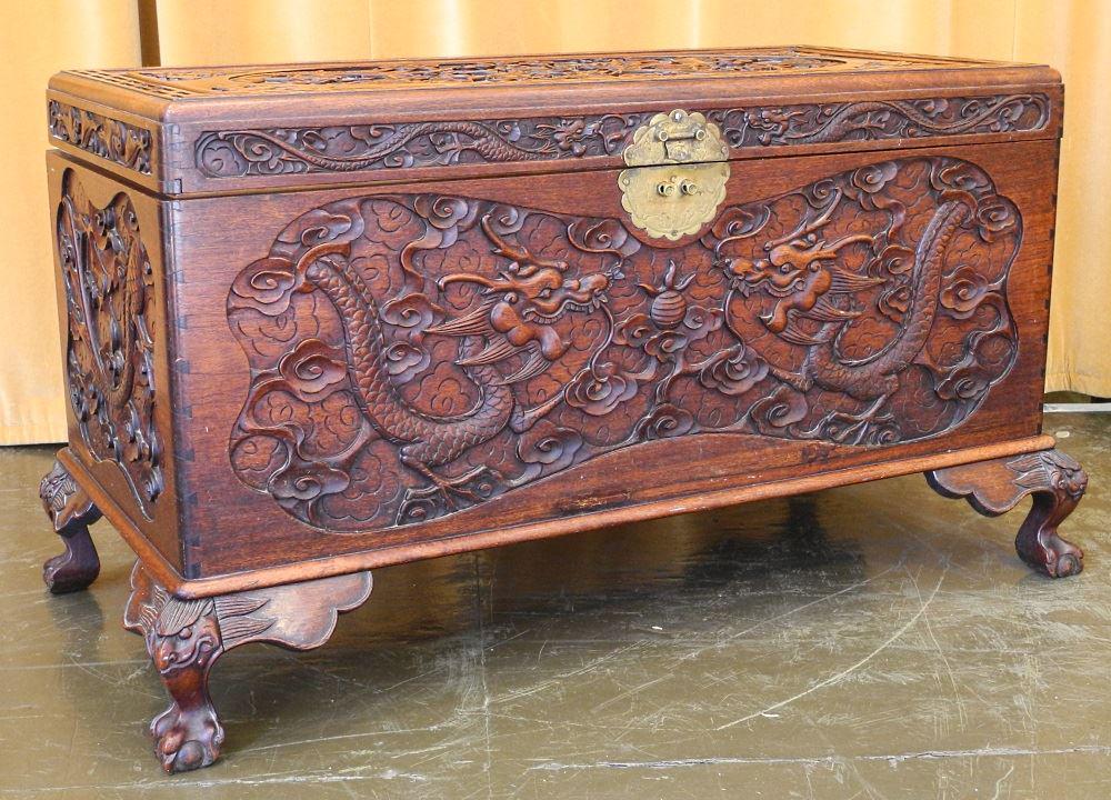 Deep Carved Chinese Camphor Chest, 43" wide, hinges (1 of 8)