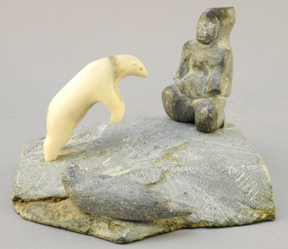 Inuit Stone & Antler "Bear Attack!" Diorama, 2 3/4" x (1 of 4)