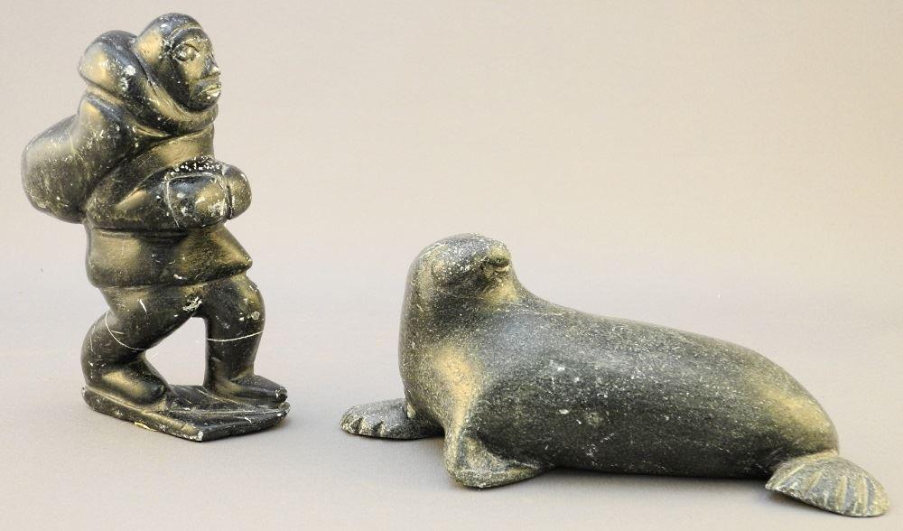 Carved Soapstone Seal & Hunter, hunter 5" high. (1 of 3)