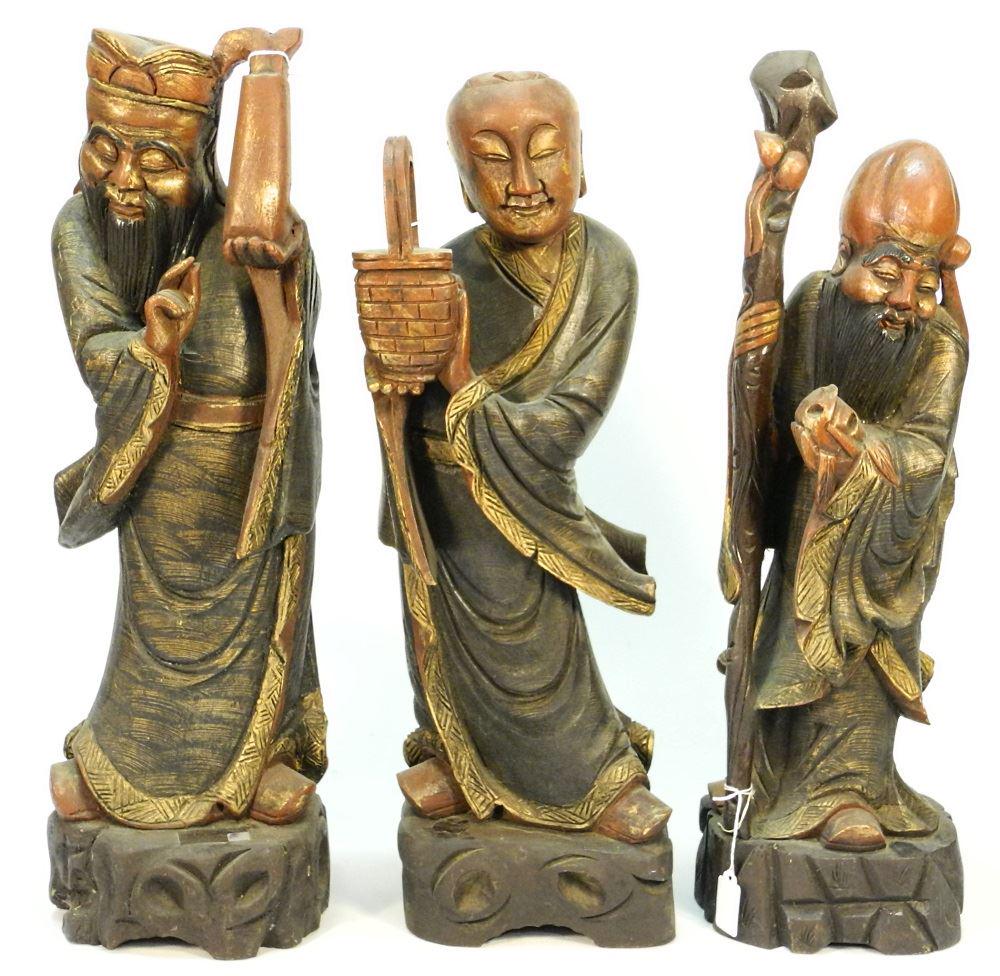 3 Carved Wood Taoist Star Gods, 24".: 3 Carved Wood Taoist Star Gods, 24".