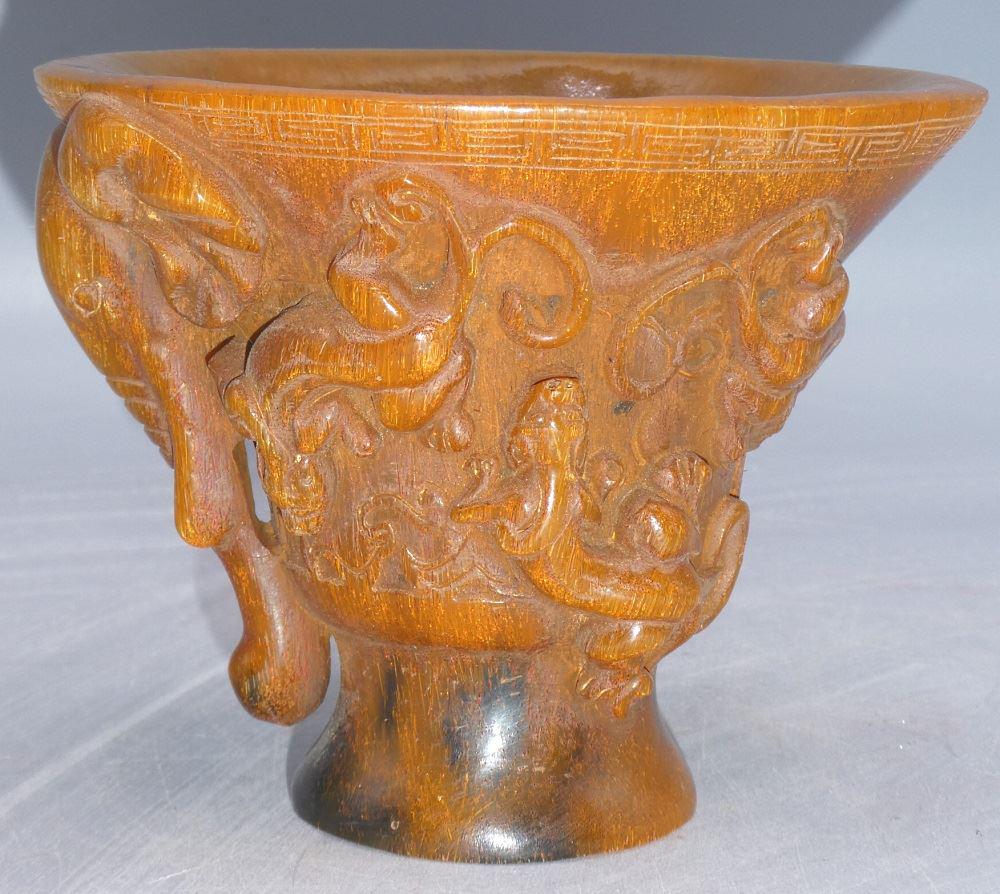 Sino Tibetan "Guardians of Afterlife" Libation Horn: Sino Tibetan "Guardians of Afterlife" Libation Horn Cup, Ch'ieng-lung Mark, 4".