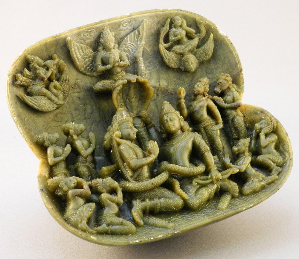Indian carved Softstone Diorama of Shiva & Vishnu, 5: Indian carved Softstone Diorama of Shiva & Vishnu, 5 5/8" wide, chipped.