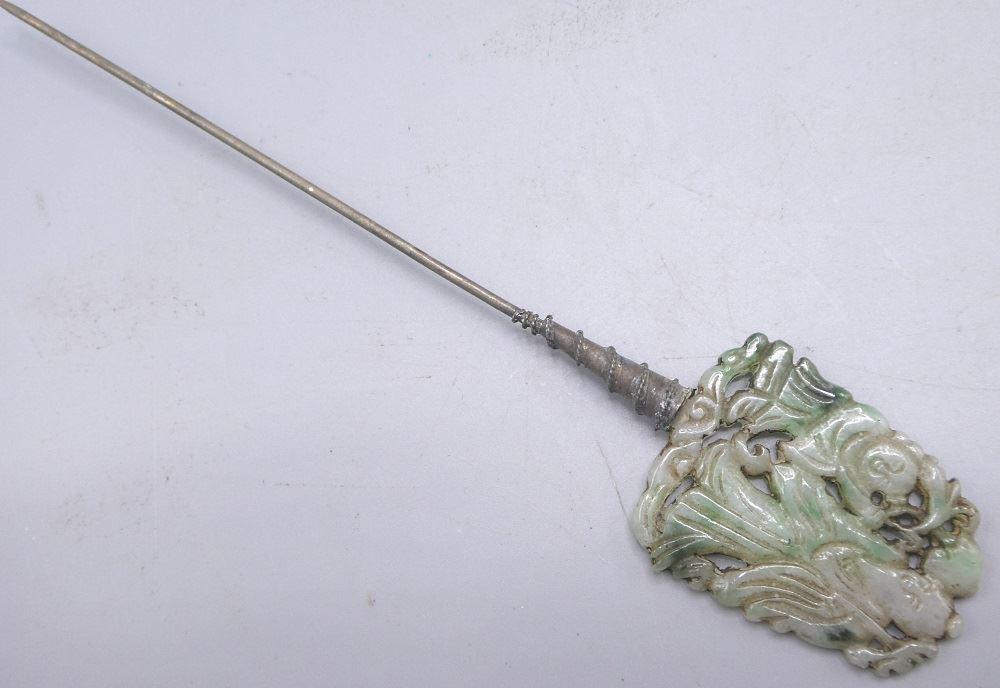 Spianch Green Jadeite "Longevity" Hair Pin, 7" length.: Spianch Green Jadeite "Longevity" Hair Pin, 7" length.