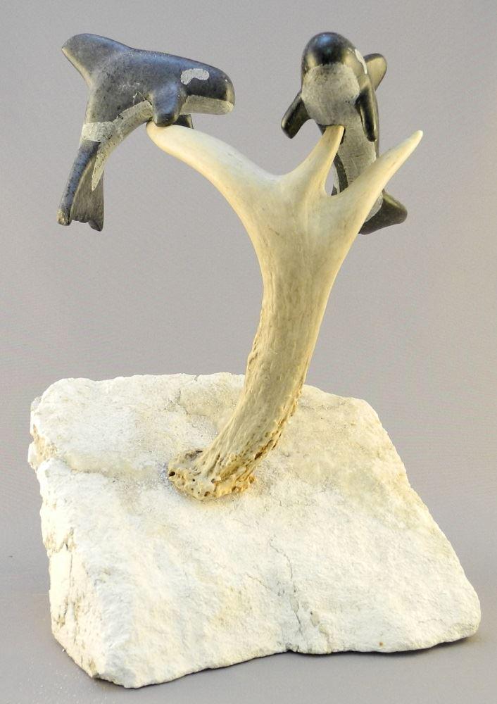 Antler and stone carved Whale figures, 9 1/2" x 6 1/2".: Antler and stone carved Whale figures, 9 1/2" x 6 1/2".