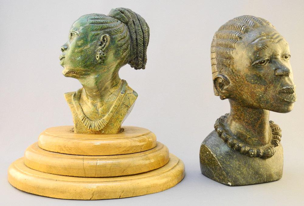 2 African Carved Softstone Portrait Busts, 9" & 9 3/4" (1 of 8)