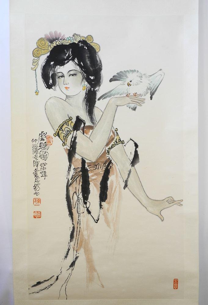 Chinese Ink & Colour Scroll of a Beauty, sight 39" x (1 of 4)