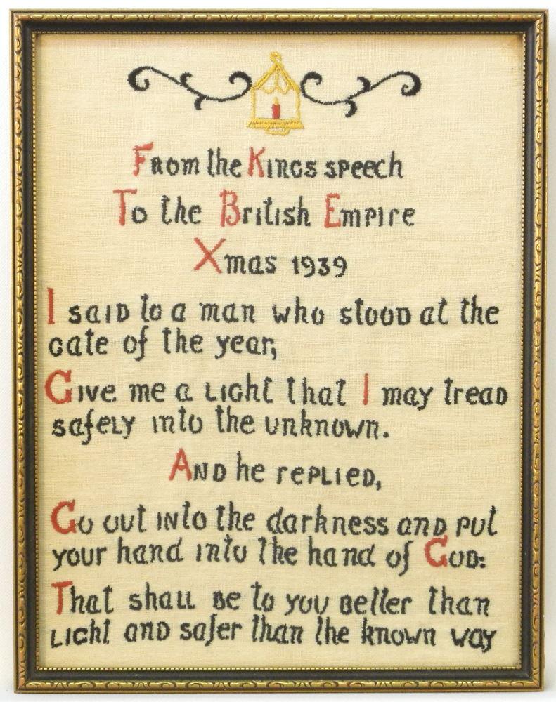 Needlework 1939, 13" x 9 1/2", "British Empire Speech".: Needlework 1939, 13" x 9 1/2", "British Empire Speech".