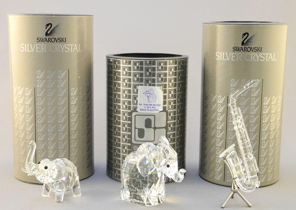 Collection of 3 Swarovski Crystals: Saxophone & 2: Collection of 3 Swarovski Crystals: Saxophone & 2 Elephants.