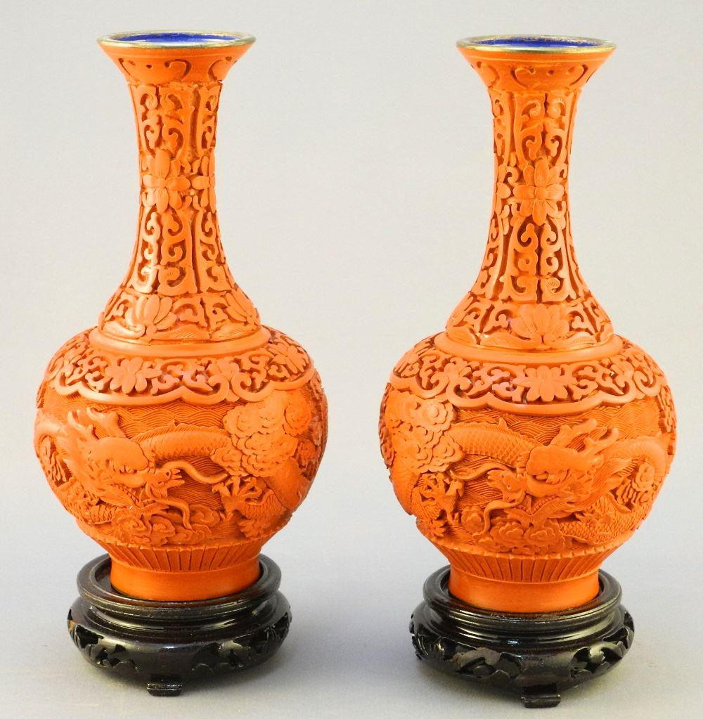Pair of Cinnabar Lacquer Bottle Vases on Stands, 7" (1 of 3)