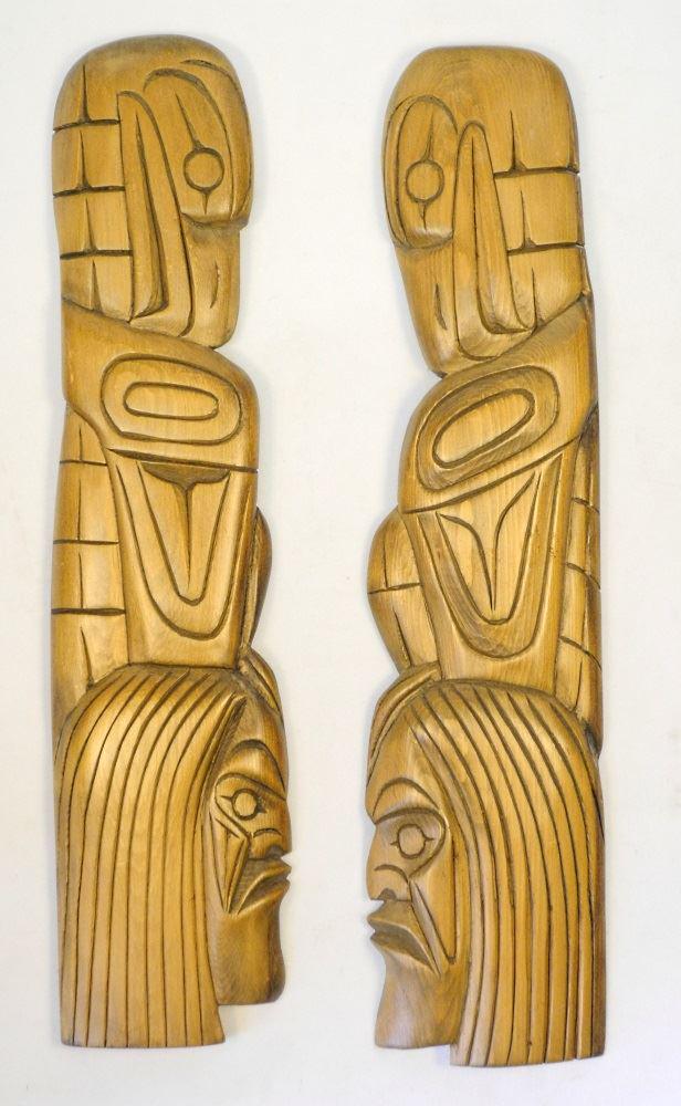 Carved Cedar Pair of Totems signed Tom Willliams 1989,: Carved Cedar Pair of Totems signed Tom Willliams 1989, 15".