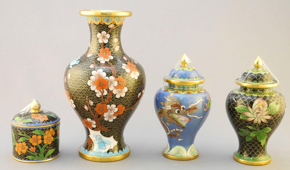 4 Cloisonne Items: 3 Covered (5"h) & 1 Vase (7"h). (1 of 2)