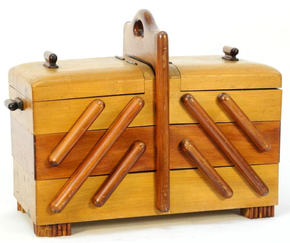 Wooden Sewing Box & Contents, 15" wide. (1 of 5)