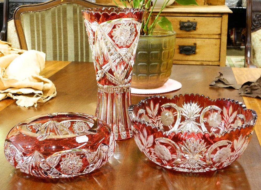 3 Piece Ruby Overlay Glass Wares, 3-10 1/4" high. (1 of 1)