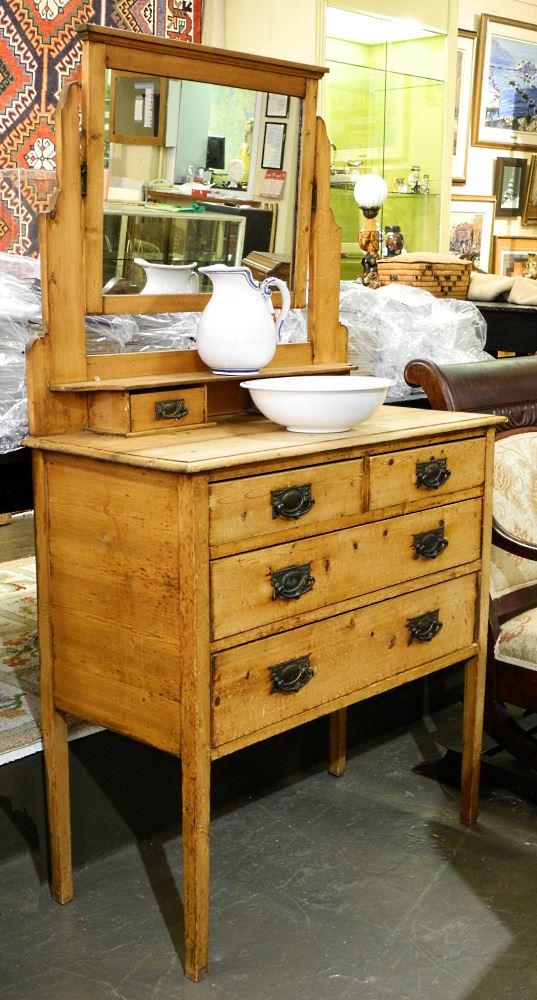 Antique Natural Pine Washstand with Pottery Pitcher & (1 of 3)