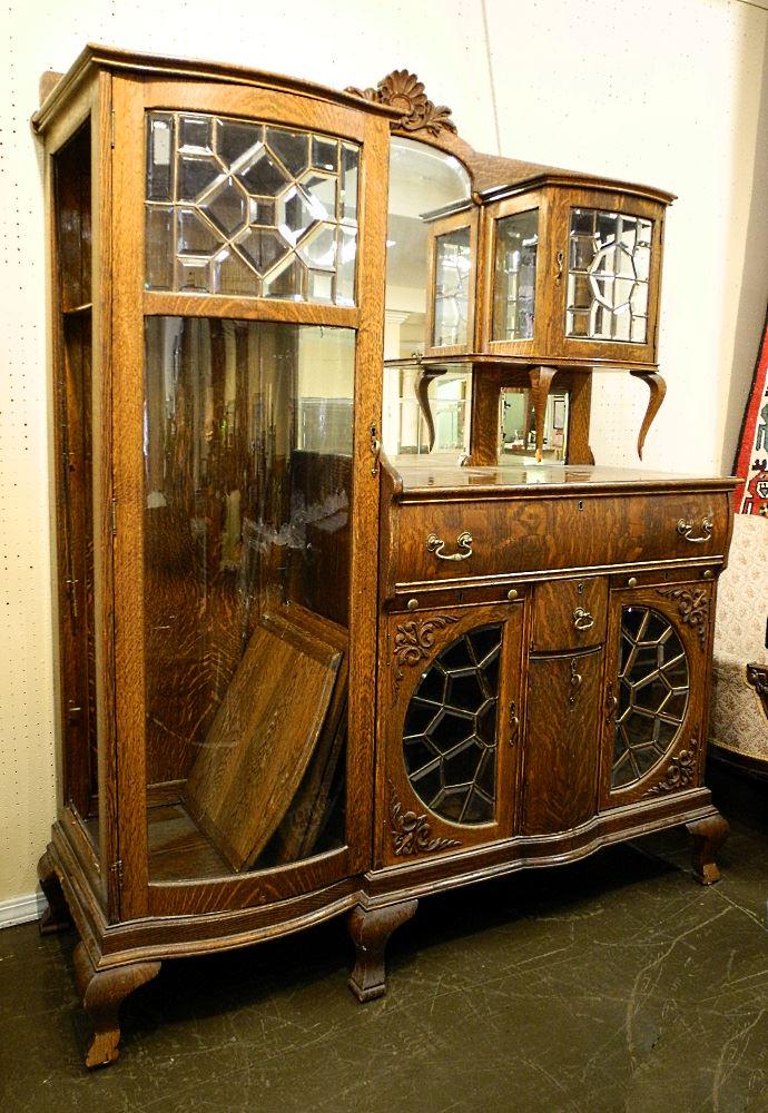 Tiger Oak Etagere with Leaded Glass, 78" high, (1 of 2)