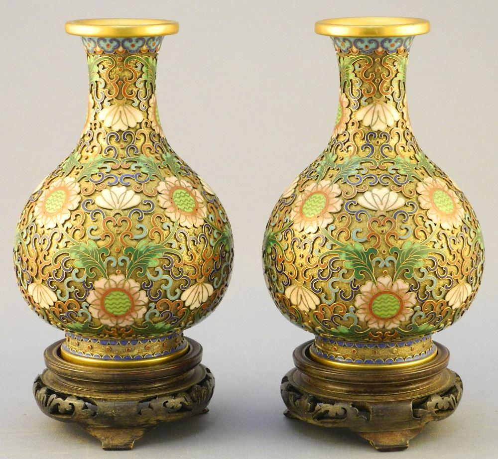 Pair of Cloisonne Vases with Stands & Box, 5 1/4" wide. (1 of 5)