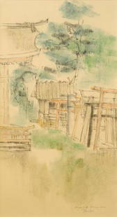 Pastel Signed (Takao) Tanabe, 16 1/2" x 9", "Asuga: Pastel Signed (Takao) Tanabe, 16 1/2" x 9", "Asuga Jinja Shingu".